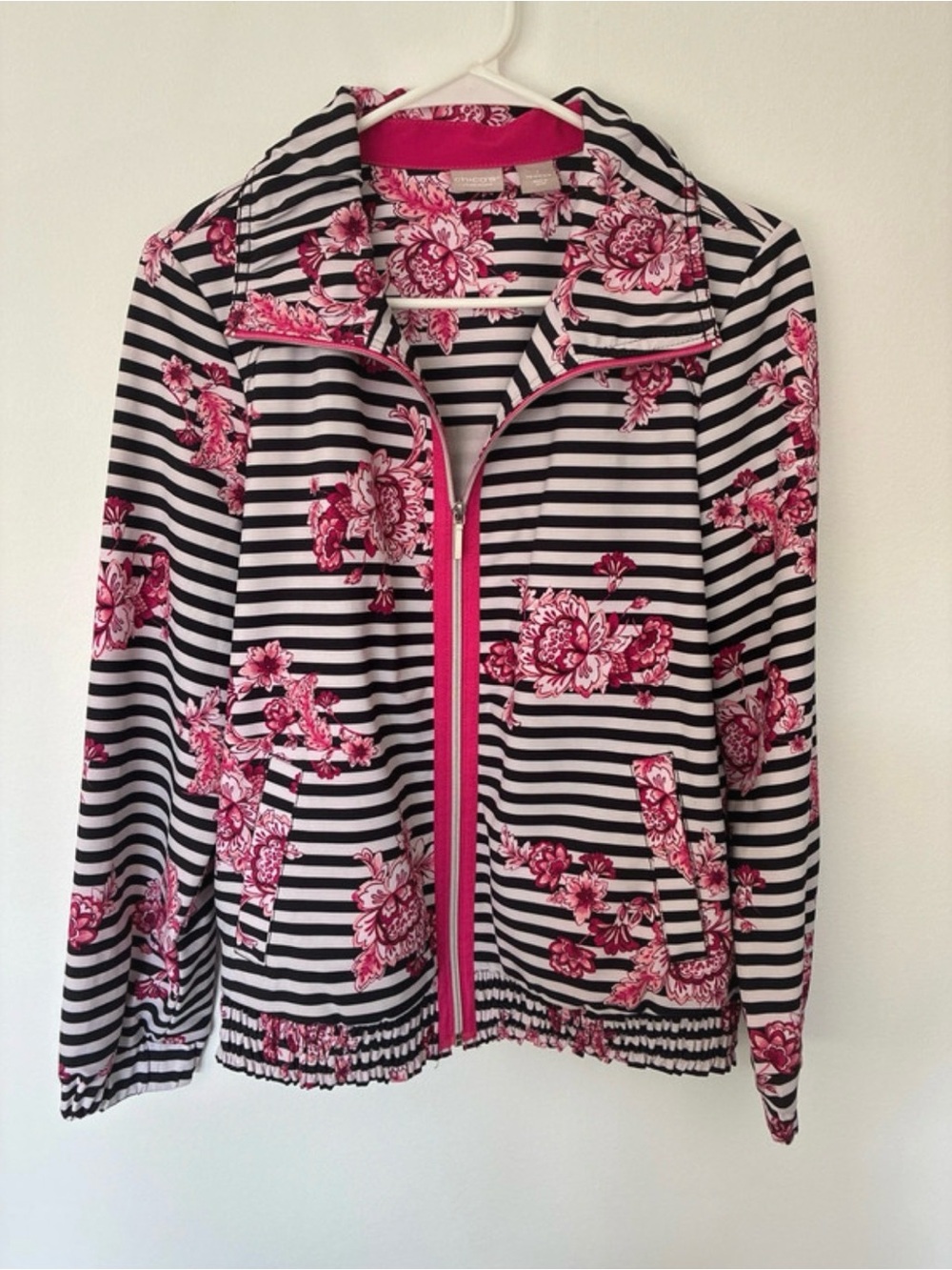 Chico's Black & White Striped with Pink Floral Print